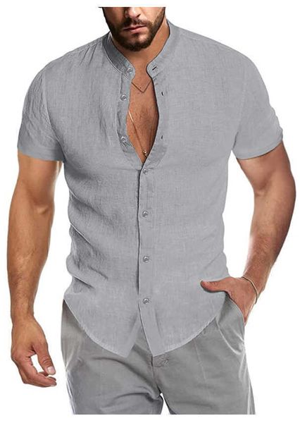 

summer men's 2022 v-neck linen cardigan standing neck short sleeve large shirt9hip 3bzeb, White;black
