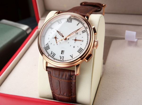 

men's watch, luxury watch, designer watch with automatic mechanical movement (month, week, calendar), sapphire, cowhide strap, diameter, Slivery;brown