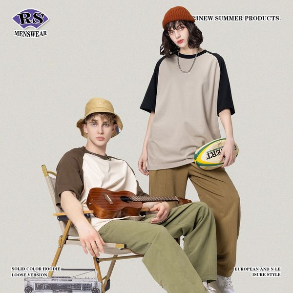 

men's t-shirts 2023 spring summer horn sleeve shoulder 270g color contrast short sleeve mountain style european and american fashion lo, White;black