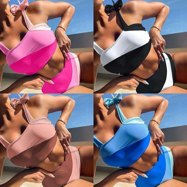 

style color matching tied high waist bikini split ladies swimsuit, White;black