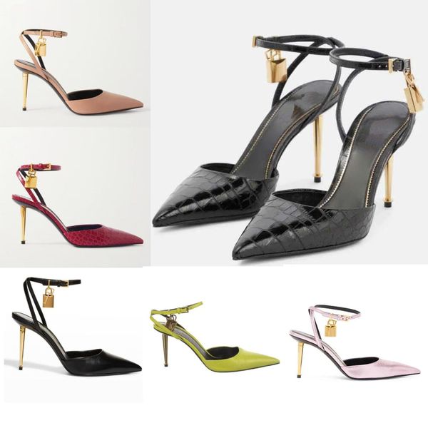 

modern luxury women's sandals pattern leather metal chain padlock pointed mule high heels summer women show lively charm eu35-43, Black