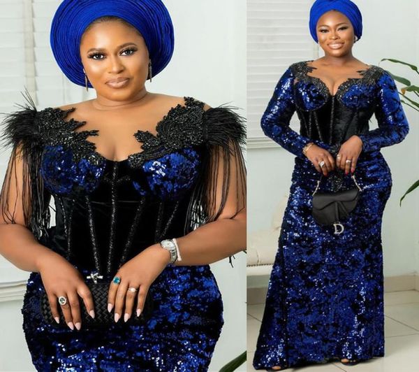 

2021 plus size arabic aso ebi royal blue sparkly prom dresses lace beaded sheer neck sequined evening formal party second receptio6300000, Black