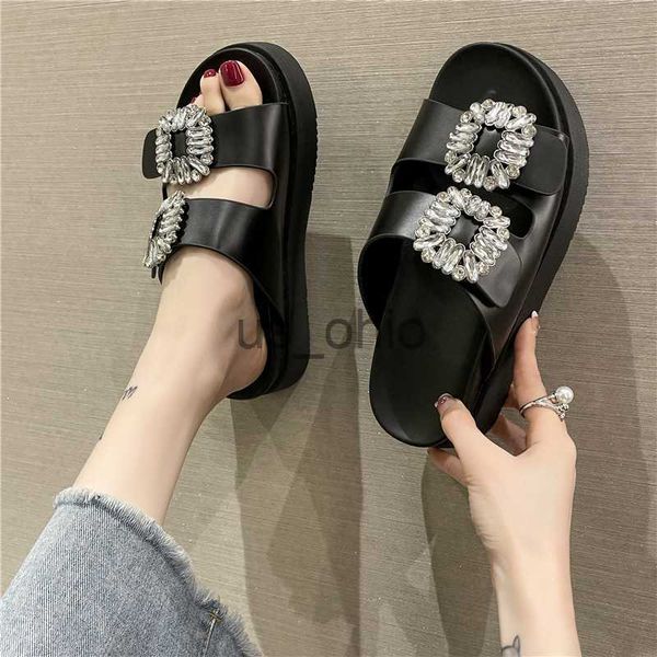 

slippers 2023 brand rhinestone shoes ladies high heels platform sandals double buckle band slippers woman muffins crystal flipflops mujer j2, Black