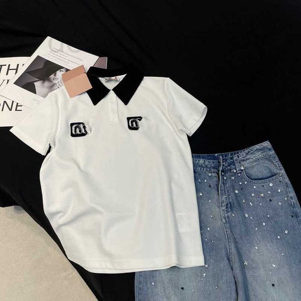 

women's polos designer summer new girl style sweet temperament handmade beaded sequin lapel contrasting polo short sleeved t-shirt 85d8, White