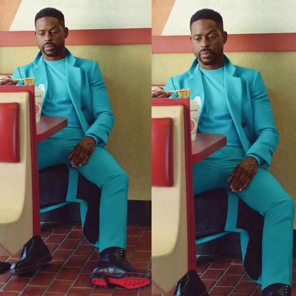 

new beach blue mens suits one button peaked lapel groom wear wedding tuxedos formal prom cocktail man blazer suit jacket pants, Black;gray