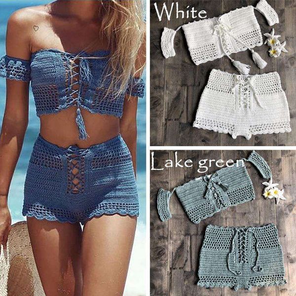 

lace up hand crocheting woven hollowed bikini split swimsuit for women, White;black