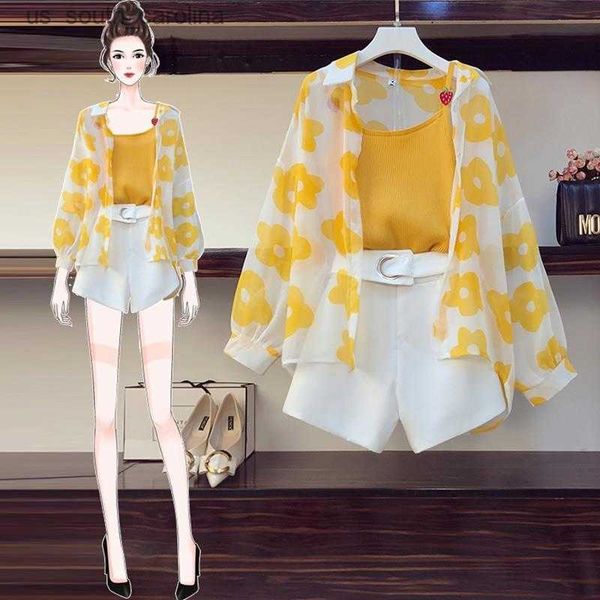 

3pcs women 2023 summer fashion outfits female strapped sling and shorts +long sleeve floral print thin coats sets suit l178 l230522, White;black