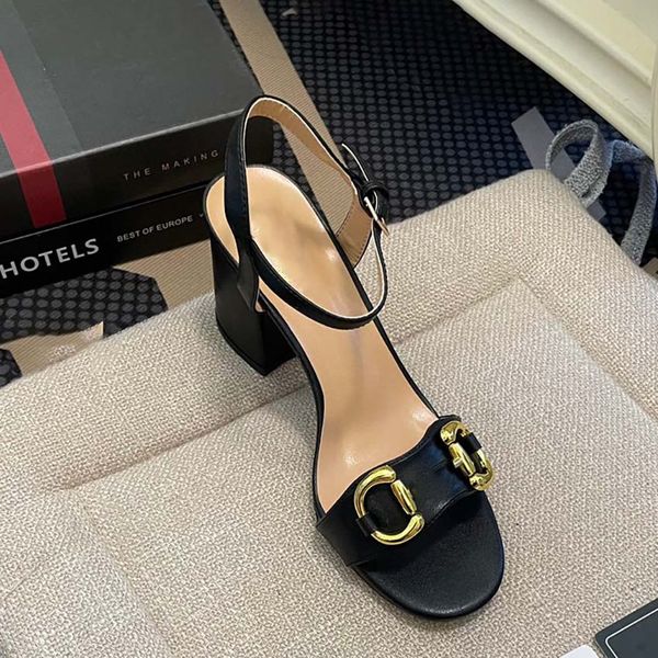 

high heels womens sandals new thick heels 5cm 7cm everything match one word buckle women's shoes open toe sandals bronze buckle, Black