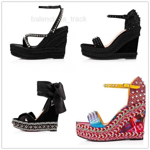 

brand summer famous sandal high heel shoes women wedge sandals madmonica espadrille wedges ladies high heels ankle strap studs sandals35-43, Black