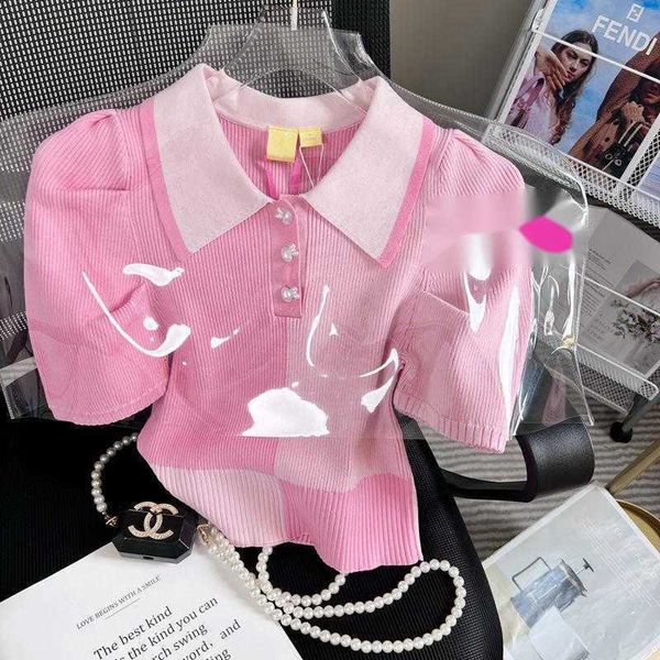 

women's sweaters designer 2022 new women's turn down collar knitted short puff sleeve pink color sweater tees plus size smlxlxxl, White;black