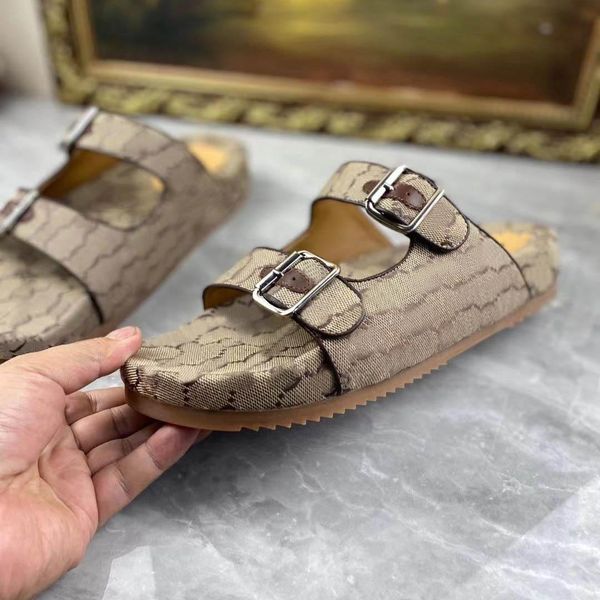 

men designer canvas double g slide slippers outdoor beige ebony two straps buckles leather rubber sole summer sandals flip flops size 36-45, Black