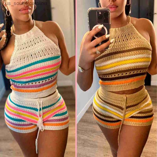 

echoine women colorful sweater halter and tight shorts 2 two piece set 2023 summer fashion beach vacation tracksuit outfits l230522, White;black