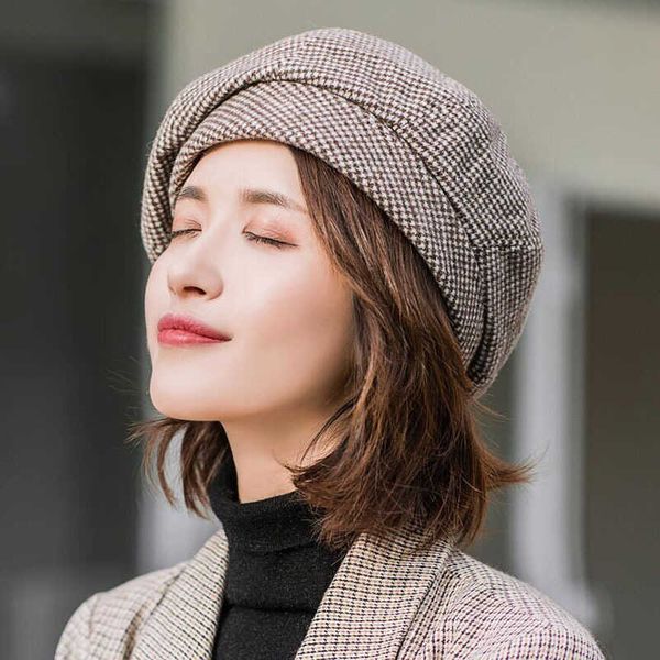 

berets plaid vintage octagon casual autumn girls' panama wool beret elegant winter cotton women's hat g220612, Blue;gray