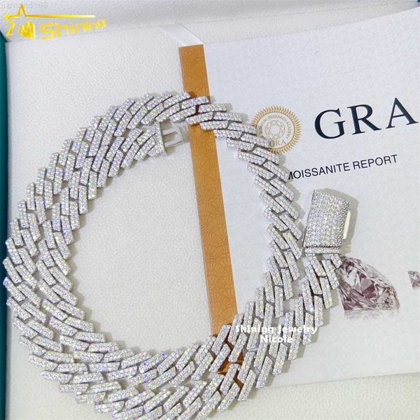 

pass diamond tester hip hop popular 925 white gold real vvs moissanite 14mm cuban link chain, Silver