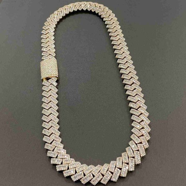 

luxury hip hop cuban chain 18 mm wide baguette three row vvs moissanite diamond hip hop ice out cuban chain necklace, Silver