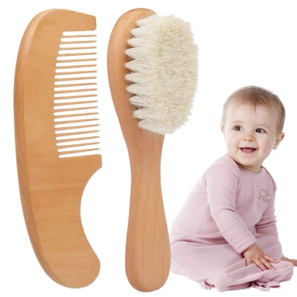

natural pure wool soft baby brush wooden handle brush baby comb infant comb head head massager hairbrush baby care, Silver