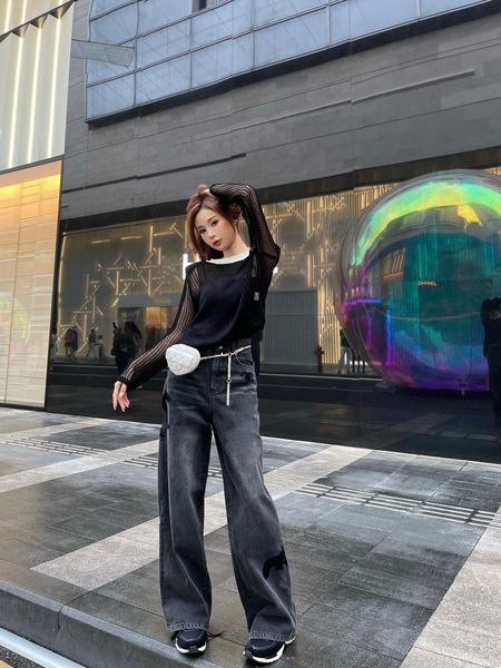 

Designer Embroidery Anagram Women Jeans Autumn Winter Jeans Fashion Straight Pants Casual Style High Waist Loose Trouser V6, Black