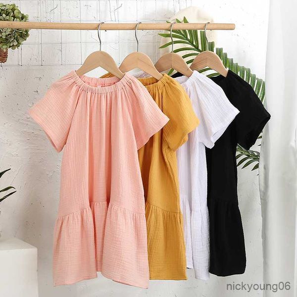 

girl's dresses 2023 summer new girls' short-sleeved dress cotton muslin children's round neck casual loose ruffled r230612, Red;yellow