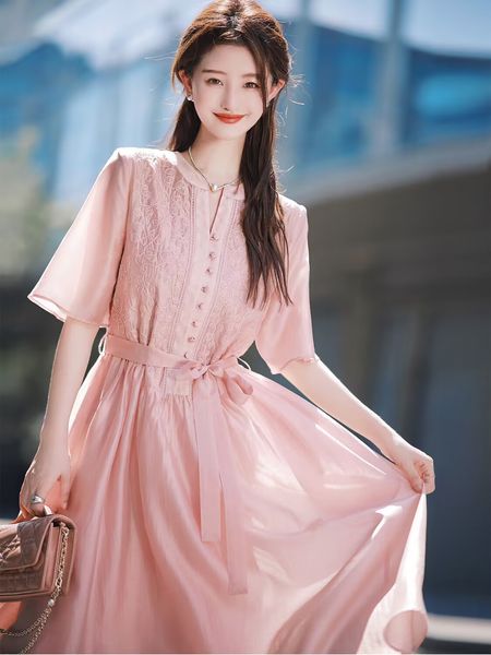 

women's summer new pink gentle wind embroidery elegant waist temperament dress smlxl, White;black