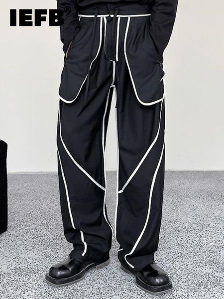 

pants iefb color contrast stitched men's pants 2023 bright line decoration wide leg korean fashion darkwear male trousers 9a5194, Black