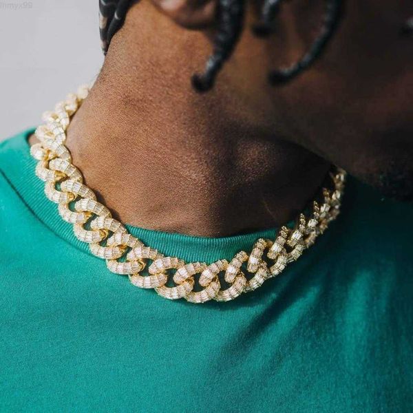 

luxury hip hop cuban chain 19mm width 925 silver three row baguette moissanite diamond hip hop ice out cuban link chain necklace