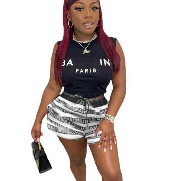 

summer women designer tracksuits sleeveless round neck printed letter high waist lace up shorts two piece outfits, Gray