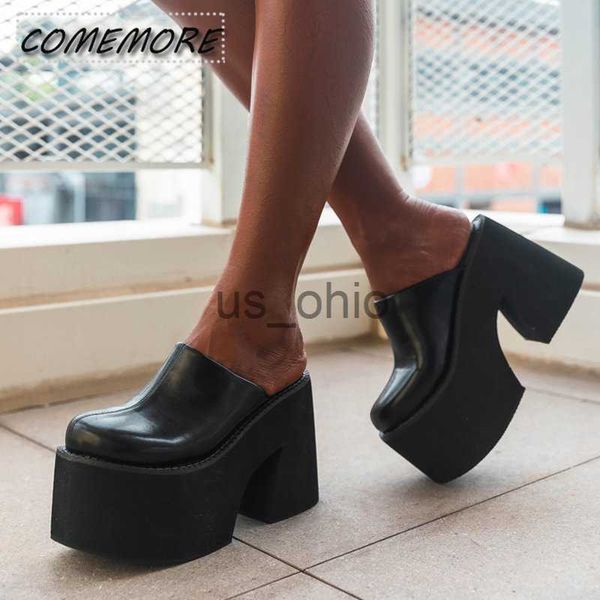 

slippers big size 43 new platform women slippers fashion chunky high heeled sandals comfort roma style round toe slide mule shoes summer j23, Black