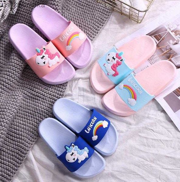 

rainbow cartoon unicorn printed kids indoor slippers toddler summer fashion home flip flops children bedroom shoes beach wear slipper d62306, Black;grey