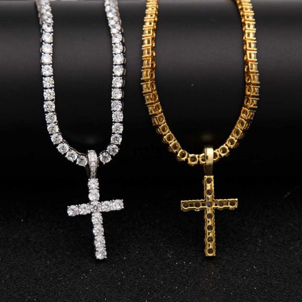 

pendant necklaces iced out zircon cross pendant with 4mm tennis chain necklace set men's hip hop jewelry gold silver cz pendant necklac