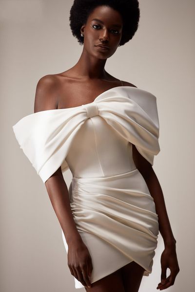 

short wedding dress sheath off the shoulder zipper up mini wedding gown modern bow wrap backless above knee bride party dresses vestidos de, White