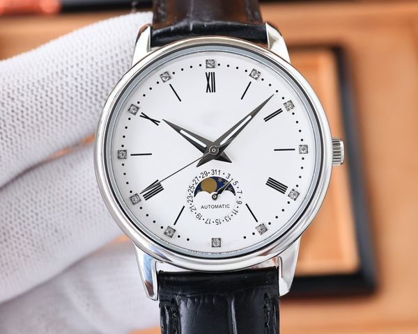 

aaa men's watch, with swiss eta2 movement, function 6-digit calendar big moon phase, sapphire glass, italian calfskin, original pin buc, Slivery;golden