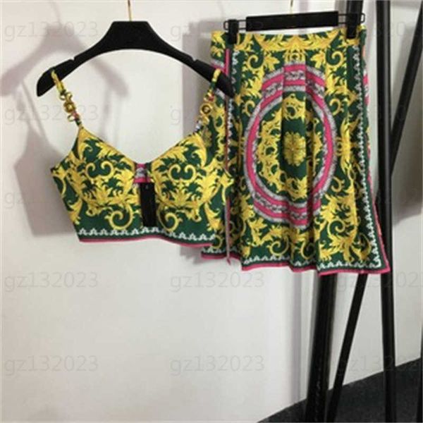 

women designers mini skirt two piece set medusa shoulder buckle bustier halter retro print high waist short half skirt designer dresses for, White