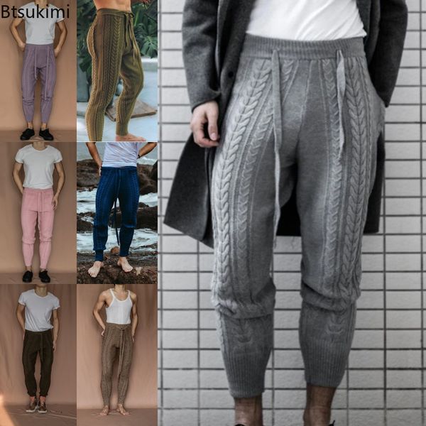 

new 2023 men knitted trousers pants slim fashion men's ankle-length pants drawstring solid pencil autumn winter warm, Black