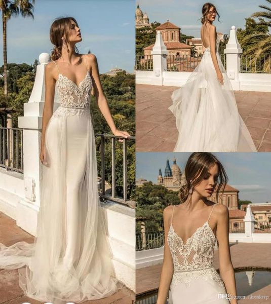 

berta 2019 mermaid wedding dresses with detachable skirt beading belt spaghetti appliqued lace wedding dress backless customized b4513233, White