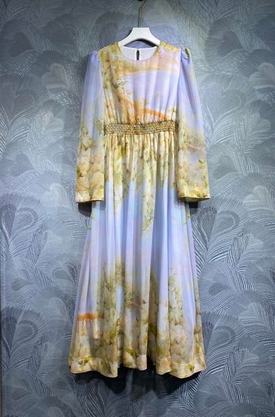 

printed dress holiday style swing dress 2023 spring and autumn women's new round neck long sleeve mid length dress elastic waistband, Black