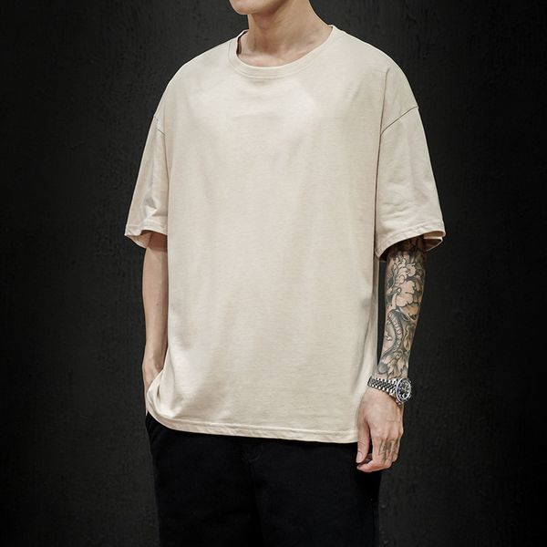 

oversized 100% cotton five half sleeve men's women summer t-shirt loose short-sleeved casual basic shirt o neck solid, White;black