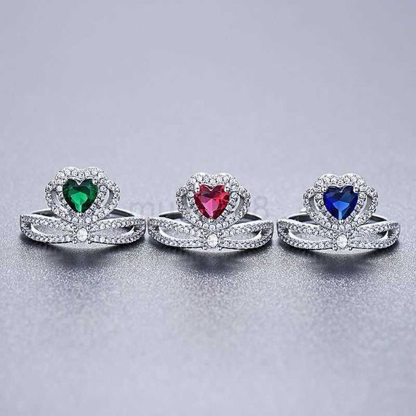 

band rings princess crown rings micro pave aaa cubic zirconia prong set colored hearted stone for women wedding engagement party adjustable, Silver