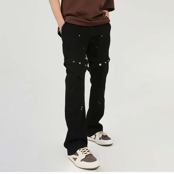

button sashes black men's cargos high street pockets baggy casual denim trousers loose oversized jeans, Black;brown