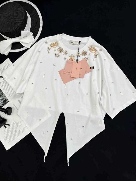 

women's t-shirt designer 23 summer new girls' style age reducing all sky star crystal nail diamond beaded flower sequin short slee, White