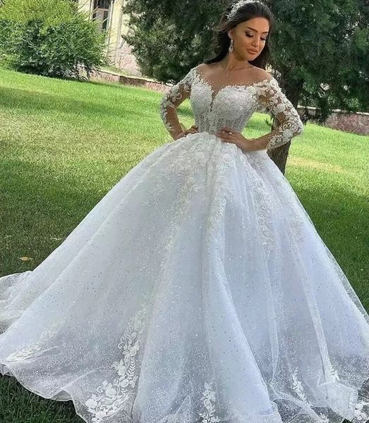 

arabic women' wedding dress 2023 o-neck illusion neck bead lace appliques flowers puffy princess bridal gown vestidos de novia custom, White