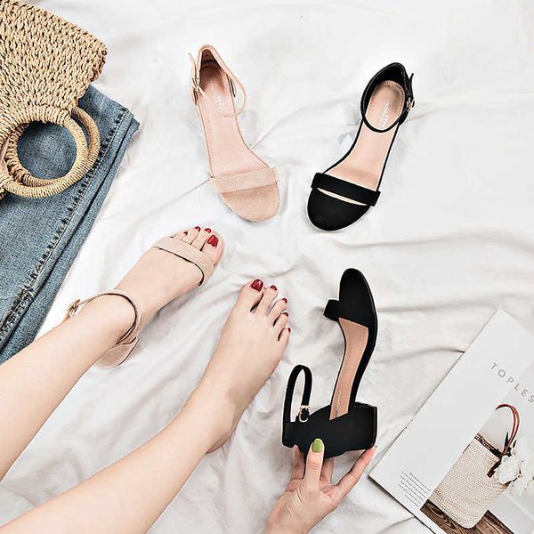 

sandals 2023 summer new strap women's student versatile thick heel roman fairy low shoes, Black