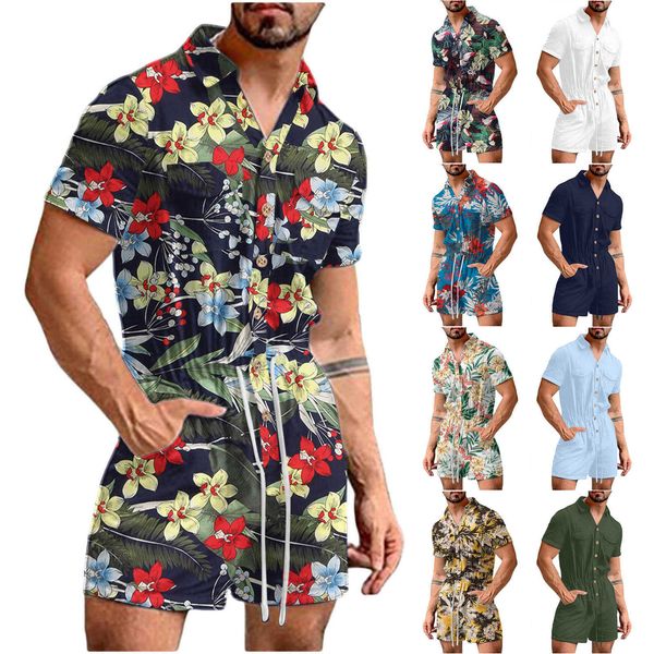 

2022 men's printed shirt button boilersuit57b0, White;black