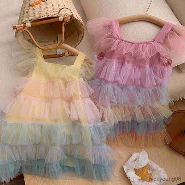

girl's dresses girls clothes new children's wear multi-layer mesh dress summer princess dance vestido kids r230612, Red;yellow
