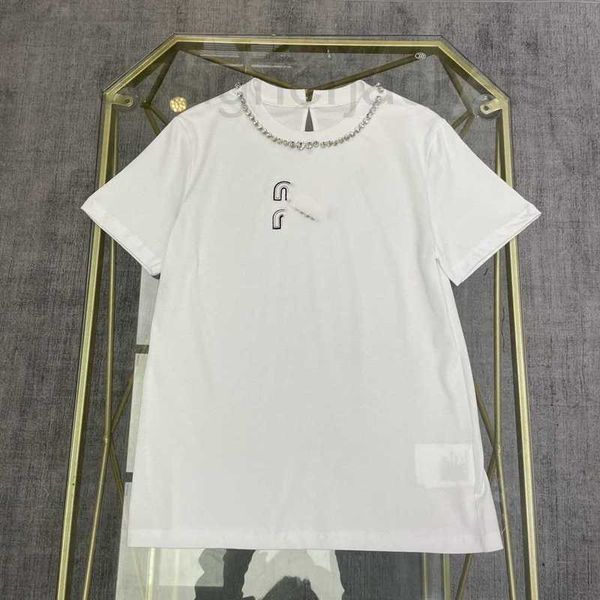 

women's t-shirt designer summer new girls' style versatile slim and age reducing 3d letter neckband beaded diamond decorative roun, White
