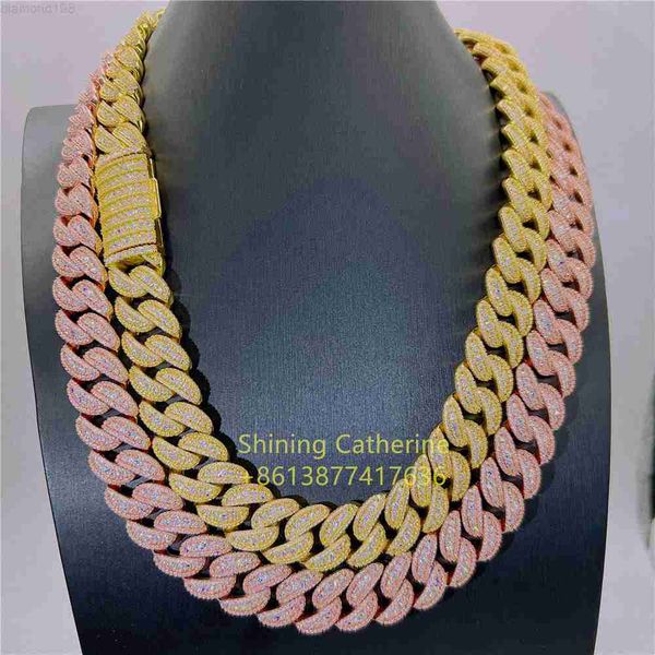 

luxury jewelry 20mm 3 rows rose gold prong setting diamond iced out vvs moissanite diamond cuban link chain, Silver