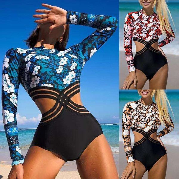 

fashion swimsuit women long sleeve back zipper multi color printed one piece briefs selling product, White;black