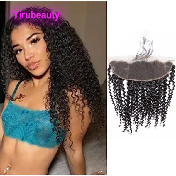 

yirubeauty peruvian malaysian virgin human hair 13x4 lace frontal kinky curly 10-24inch pre plucked natural color, Black;brown