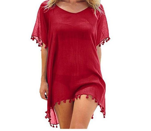 

2019 new chiffon tassels beach wear women swimsuit cover up swimwear bathing suits summer mini dress loose solid pareo cover ups7599224
