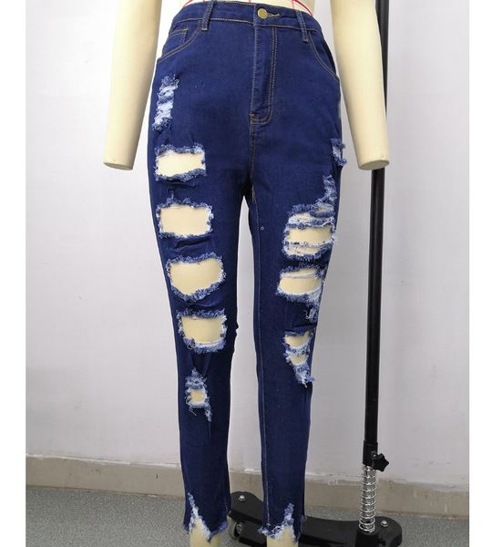 

women's jeans high waist ripped raw hem jeans for women cut out denim pencil pants street hipsters trousers s-2xl body fitting skinny j, Blue