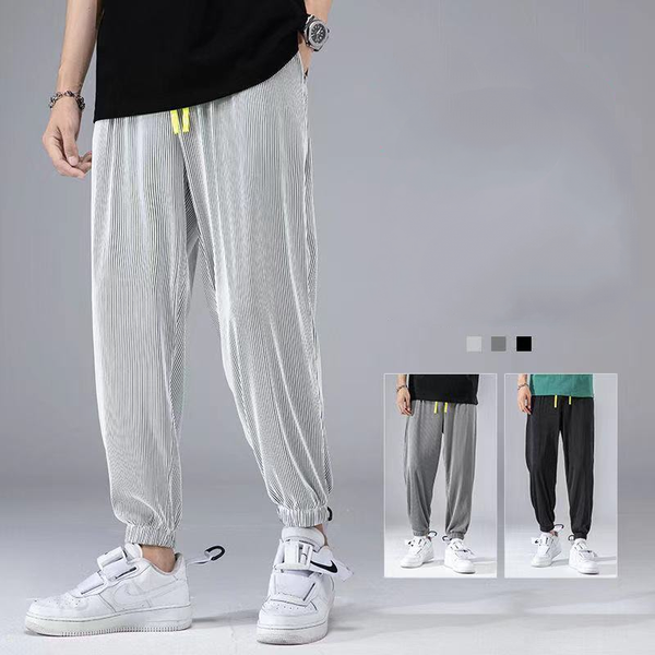

ice silk men sweatpants summer thin loose 9-point versatile sports harlan pants breathable quick drying man casual trousers, Black